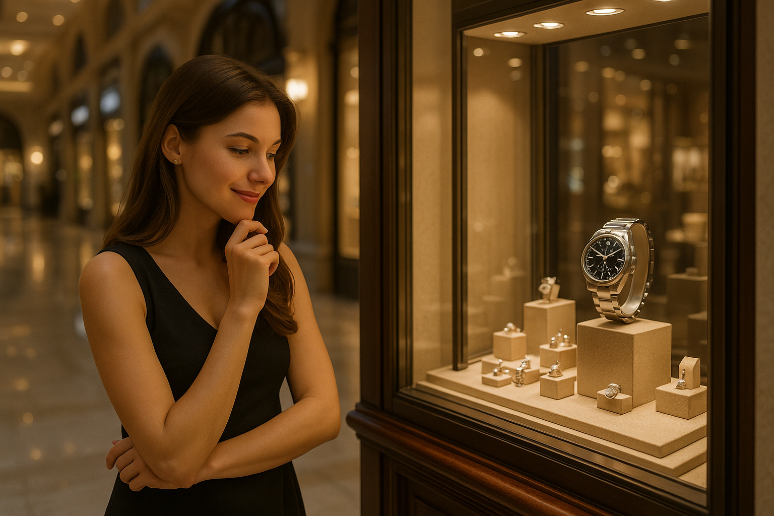 A young pretty woman in a luxurious mall looking at an amazing men watch in a storefront, wants to buy it to her husband as a birthday gift